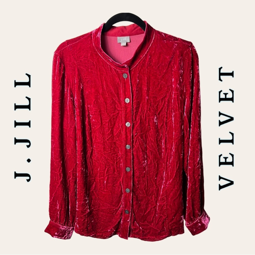 WOMEN’S J.JILL VELVET LONG SLEEVE TOP BUTTON UP BUTTON CUFFS SIZE LARGE RED